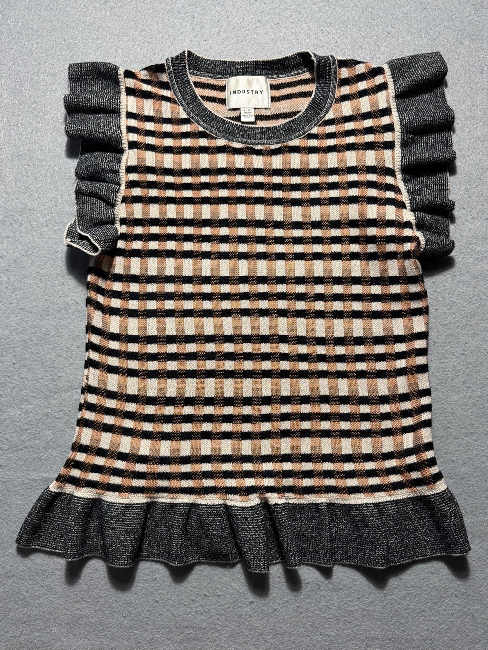 Industry Republic Rea Ruffle Knit Top Women’s Large Checkered Sleeveless NWT